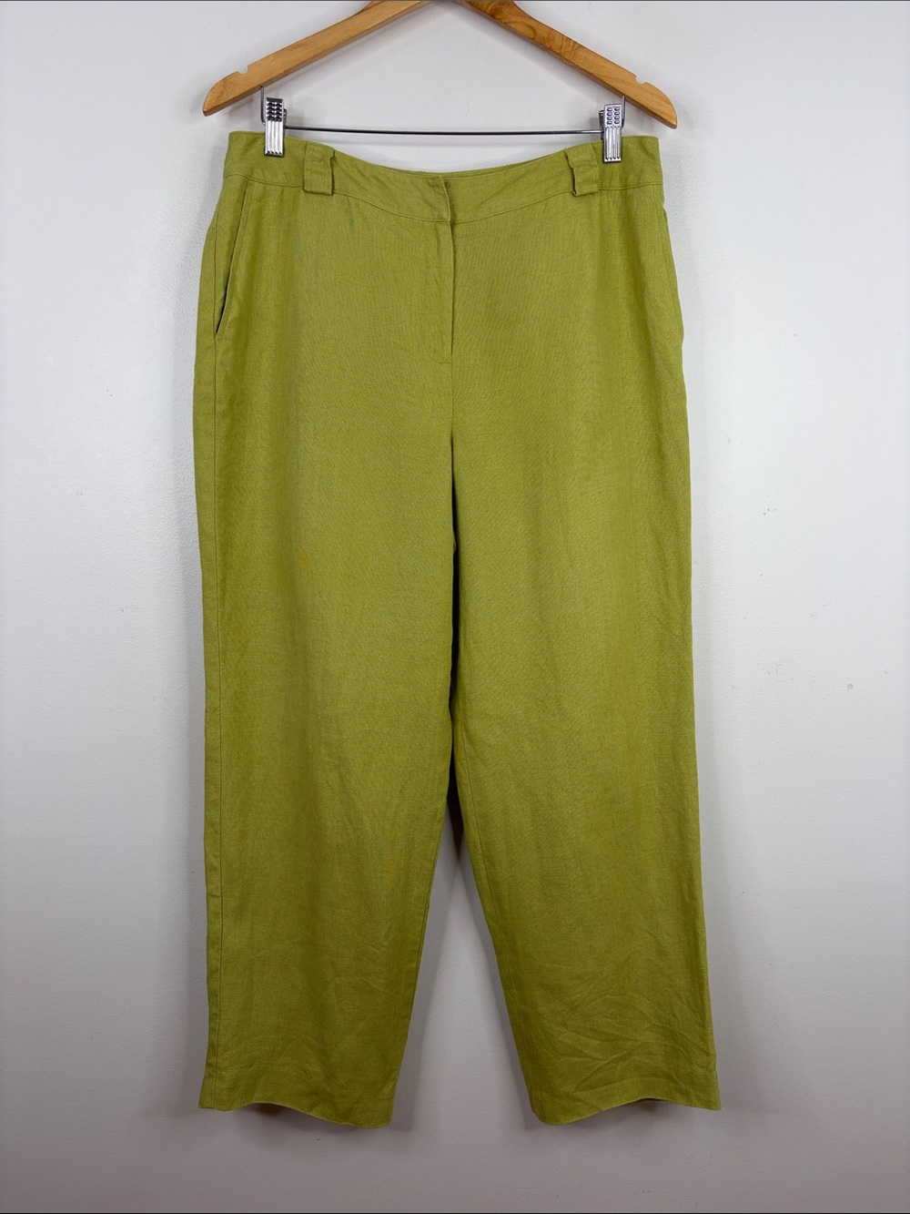Irish Linen Pants Women 14 Petite Chartruese Green Yellow Straight Leg Trousers